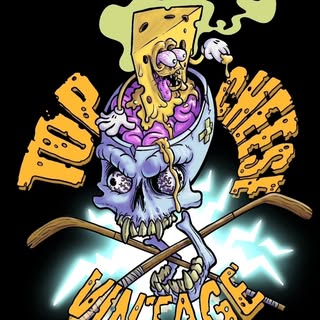 Top Cheese Vintage logo, a cartoon skull wearing a slice of cheese